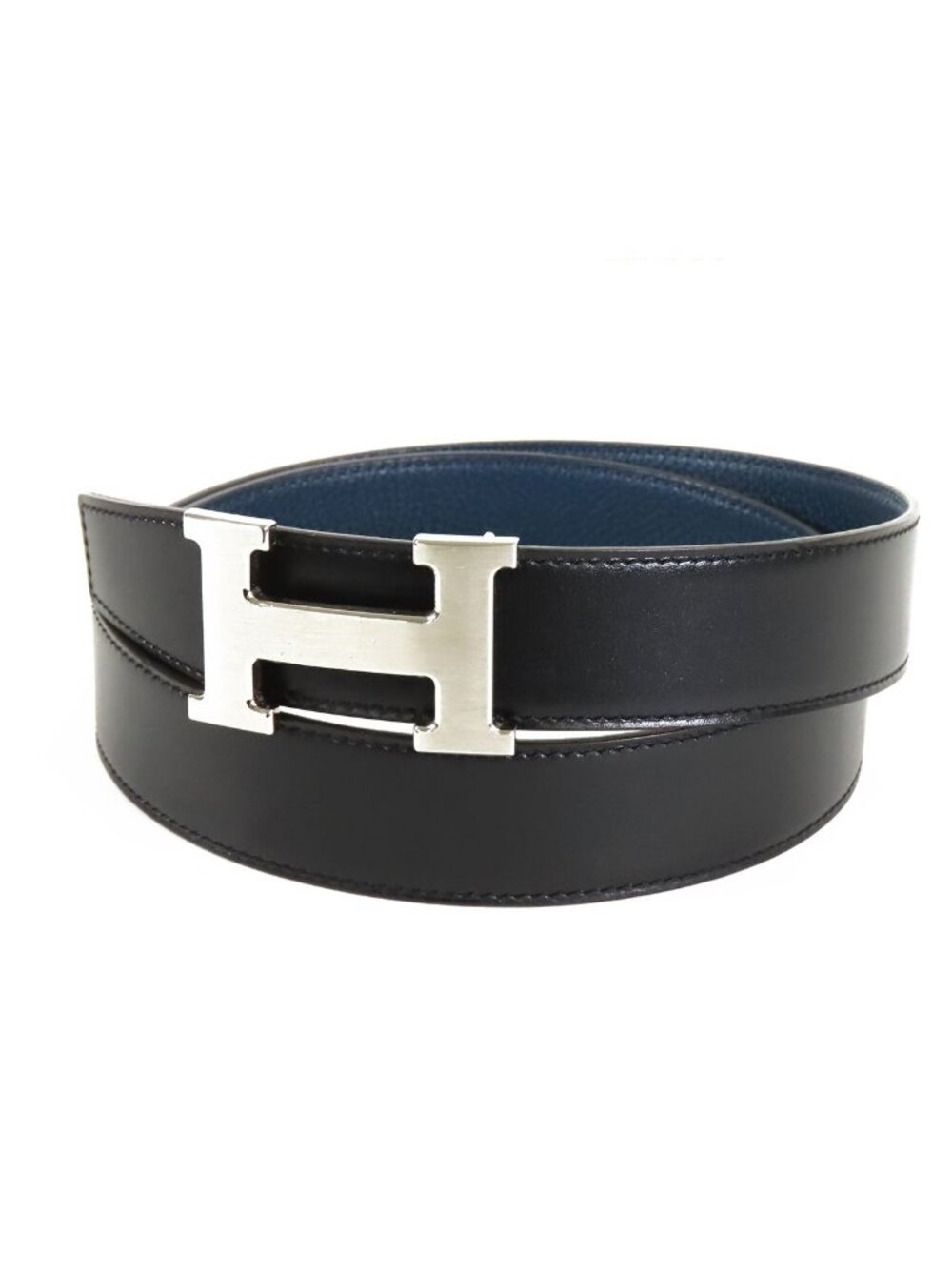 Hermes Constance H Belt Black Blue Deplus Silver Box Calf Togo Reversible Hair